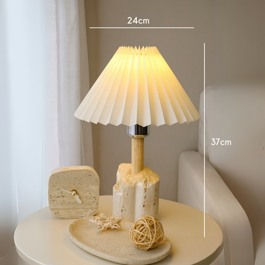 Valora Travertine Table Lamp – Solid Stone Base with Pleated Shade