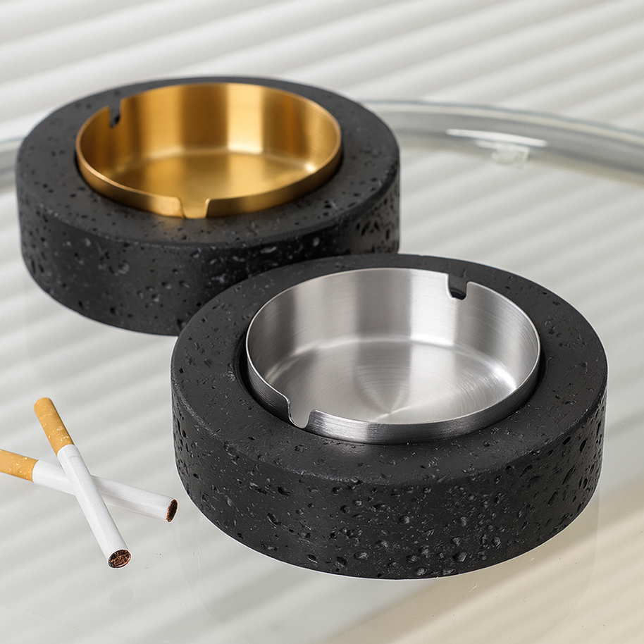 Volcanic Luxe Round Marble Ashtray – Solid Stone with Brushed Steel Insert (1.4kg)